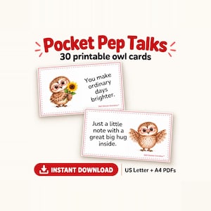 May include: Pocket Pep Talks 30 printable owl cards featuring two rectangular cards with red dashed borders. One card shows an owl with red glasses holding a sunflower and text reading You make ordinary days brighter. The other shows an owl with red glasses and text reading Just a little note with a great big hug inside. Includes US Letter and A4 PDF formats.
