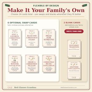 May include: A set of printable activity cards titled Make It Your Family's Own, featuring six swap cards with Christmas tasks like singing hymns or nature walks, and two blank cards for custom traditions, all decorated with red text and glasses icons.
