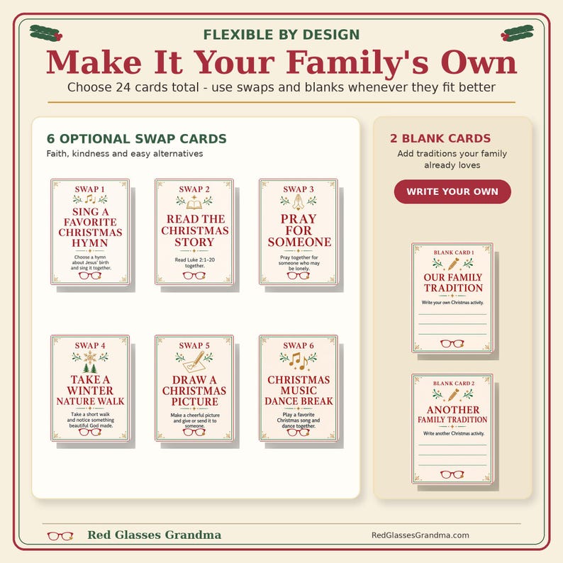 May include: A set of printable activity cards titled Make It Your Family's Own, featuring six swap cards with Christmas tasks like singing hymns or nature walks, and two blank cards for custom traditions, all decorated with red text and glasses icons.