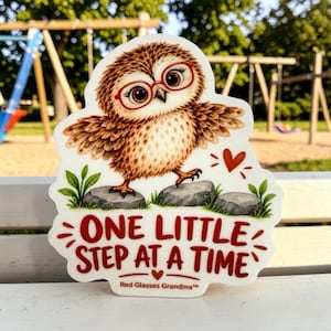 May include: A die-cut sticker featuring a brown owl with large eyes wearing red glasses, standing on gray stones with green leaves. The text reads ONE LITTLE STEP AT A TIME and Red Glasses Grandma. A small red heart is positioned near the owl.