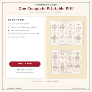 May include: A printable PDF set titled 24 Days of Christmas Connection, featuring six landscape pages with activity cards. Includes 24 main family activity cards, 6 faith-and-kindness swap cards, 2 blank family-tradition cards, a guide, and a tracker.