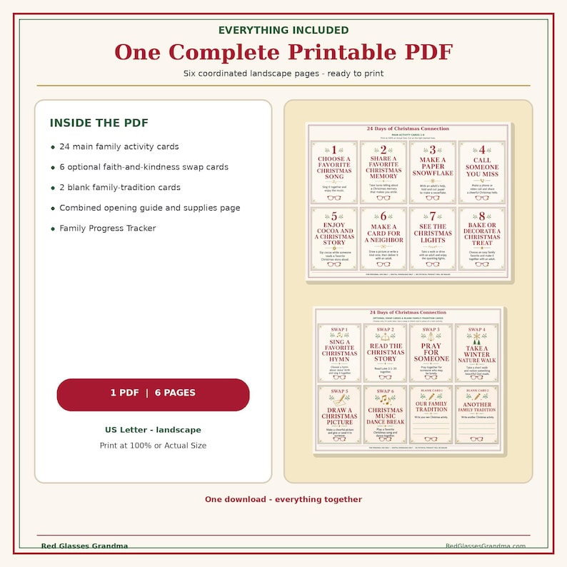 May include: A printable PDF set titled 24 Days of Christmas Connection, featuring six landscape pages with activity cards. Includes 24 main family activity cards, 6 faith-and-kindness swap cards, 2 blank family-tradition cards, a guide, and a tracker.