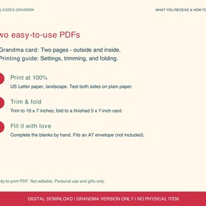 Pode incluir: Uma folha de instru&ccedil;&otilde;es de download digital para um cart&atilde;o. O texto inclui: Two easy-to-use PDFs, 1. Grandma card: duas p&aacute;ginas, 2. Printing guide: configura&ccedil;&otilde;es, corte e dobra. Imprimir a 100% em papel US Letter. Cortar para 25,4 x 17,8 cm.