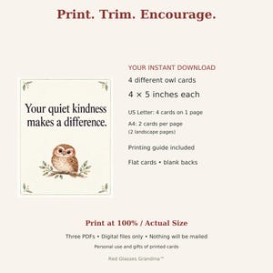 Printable card details: four designs, 4 by 5 inches, US Letter with four cards per sheet, A4 with two cards per sheet across two landscape pages, plus a printing guide. Three PDFs; digital download only.