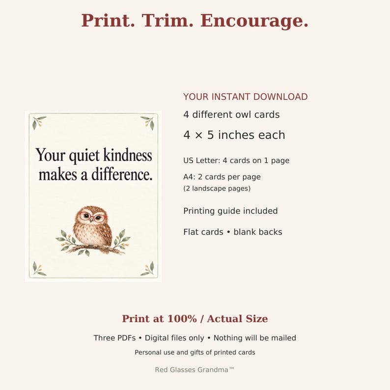 Printable card details: four designs, 4 by 5 inches, US Letter with four cards per sheet, A4 with two cards per sheet across two landscape pages, plus a printing guide. Three PDFs; digital download only.