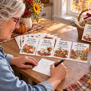 Könnte beinhalten: Eine Sammlung rechteckiger Grußkarten mit herbstlichen Illustrationen und inspirierenden Texten. Jede Karte zeigt saisonale Motive wie Kürbisse, Blumen und gemütliche Häuser sowie Schriftzüge wie Grace for this season und You are a blessing.