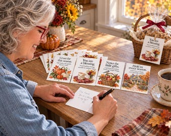 Puede incluir: Una colección de tarjetas de felicitación rectangulares con ilustraciones de temática otoñal y textos inspiradores. Cada tarjeta muestra imágenes estacionales como calabazas, flores y casas acogedoras, con frases como Grace for this season y You are a blessing.