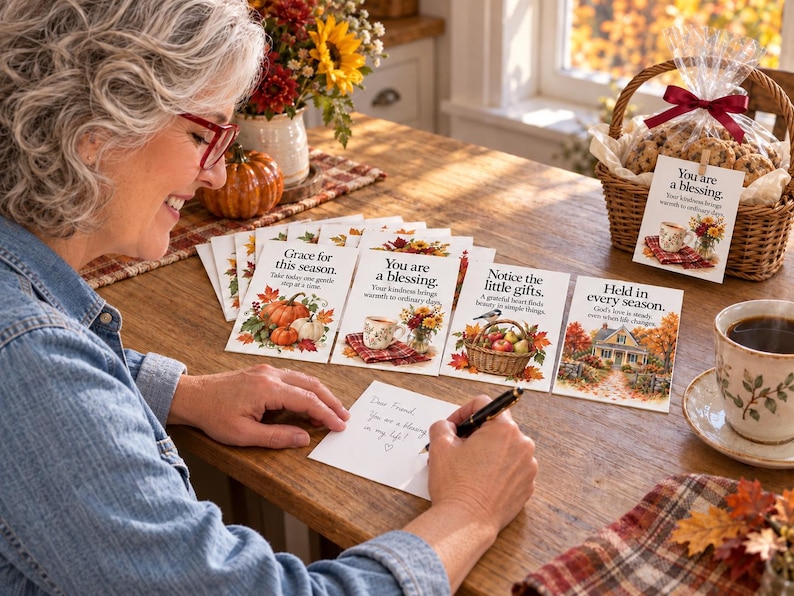 AI-generated lifestyle mockup of Red Glasses Grandma in a denim shirt writing on the back of a fall encouragement card, with coffee in morning sunshine and a cookie gift basket with a You are a blessing card attached. Digital card PDFs only; props not included.