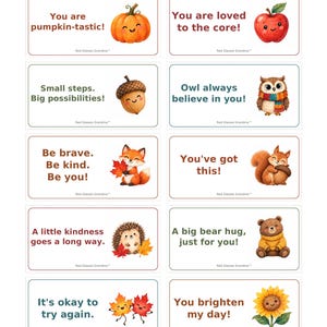 First printable page of ten fall lunchbox encouragement notes, featuring a pumpkin, apple, acorn, owl, fox, squirrel, hedgehog, bear, leaves, and sunflower. Finished notes measure 3.5 by 1.75 inches.