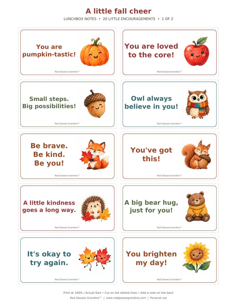 First printable page of ten fall lunchbox encouragement notes, featuring a pumpkin, apple, acorn, owl, fox, squirrel, hedgehog, bear, leaves, and sunflower. Finished notes measure 3.5 by 1.75 inches.