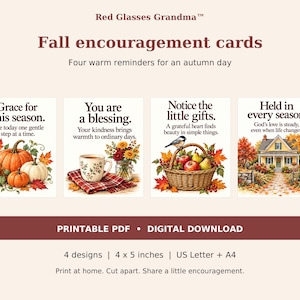 Four printable fall encouragement cards with pumpkins, a floral teacup, a fruit basket, and a yellow cottage. Digital PDF set with US Letter and A4 layouts; finished cards are 4 by 5 inches.