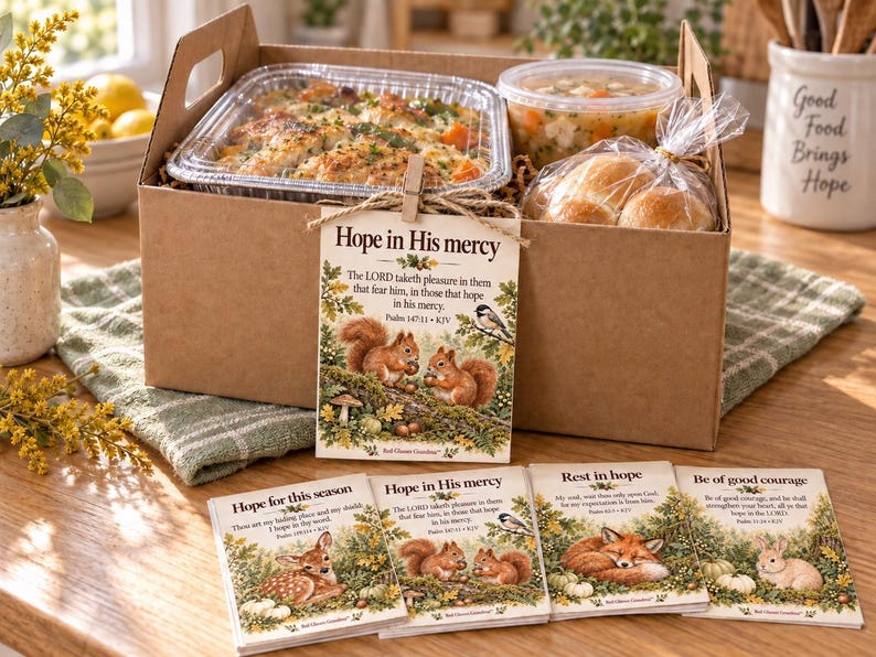AI-generated lifestyle mockup of a woodland squirrel Bible verse card attached to a meal delivery box, with all four encouragement card designs stacked on a table. Digital cards only; meal, box, and props are not included.