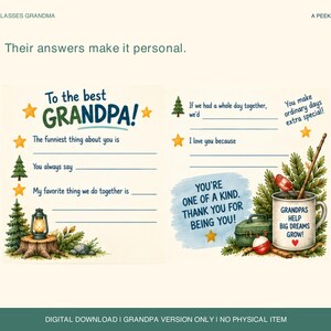 May include: A printable questionnaire for a grandfather featuring the text To the best GRANDPA! with fill-in-the-blank lines, star icons, a lantern on a tree stump, a fishing rod, a tackle box, and the text GRANDPAS HELP BIG DREAMS GROW!