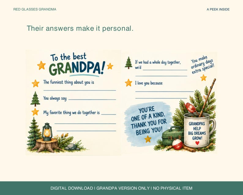 May include: A printable questionnaire for a grandfather featuring the text To the best GRANDPA! with fill-in-the-blank lines, star icons, a lantern on a tree stump, a fishing rod, a tackle box, and the text GRANDPAS HELP BIG DREAMS GROW!