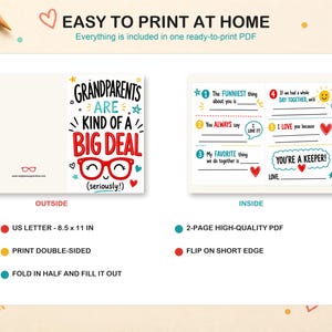 Puede incluir: Una plantilla de tarjeta de felicitaci&oacute;n imprimible para abuelos con fondo blanco, texto colorido y gr&aacute;ficos. El frente dice GRANDPARENTS ARE KIND OF A BIG DEAL (seriously!) con gafas rojas. El interior incluye espacios para completar con texto.