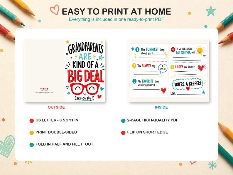 Puede incluir: Una plantilla de tarjeta de felicitaci&oacute;n imprimible para abuelos con fondo blanco, texto colorido y gr&aacute;ficos. El frente dice GRANDPARENTS ARE KIND OF A BIG DEAL (seriously!) con gafas rojas. El interior incluye espacios para completar con texto.