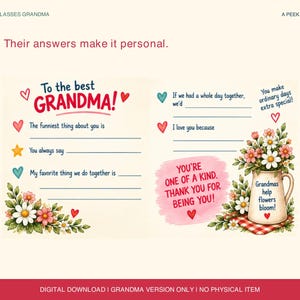 Pode incluir: Um cart&atilde;o de felicita&ccedil;&otilde;es para preencher para uma av&oacute; com o texto To the best GRANDMA! e perguntas como The funniest thing about you is. Inclui cora&ccedil;&otilde;es coloridos, estrelas e um jarro de flores com o texto Grandmas help flowers bloom!