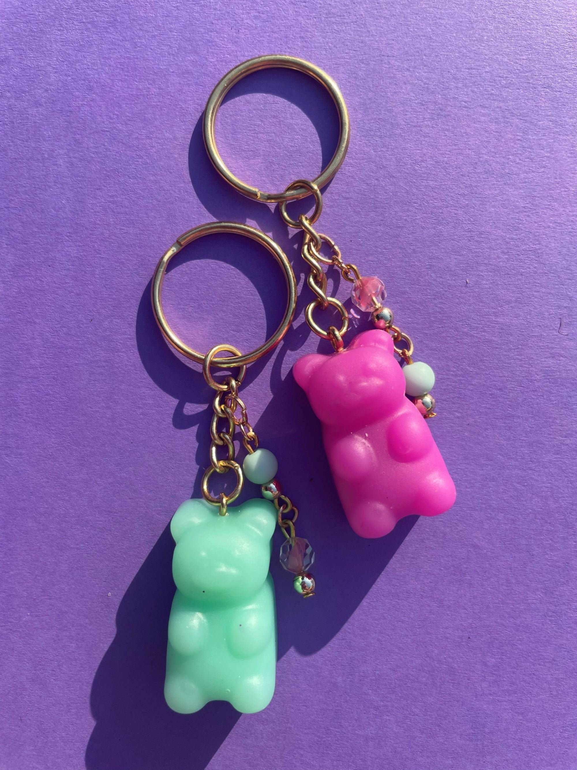 Pink and Teal gummy bear keychain with charm Gold Keychain Etsy.de