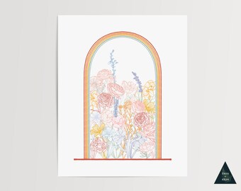 Rainbow Floral Terrarium Art Print | Modern Botanical Decor