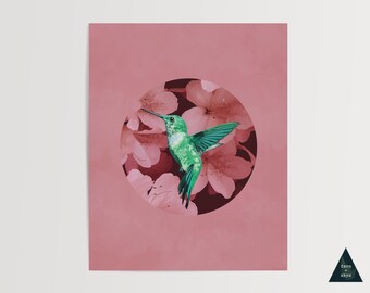 Hummingbird in Cherry Blossoms Art Print | Watercolor Cottagecore Wall Decor