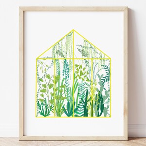 May include: A yellow-framed print of a greenhouse filled with various green plants and foliage. The greenhouse is outlined in yellow and the plants are drawn in a stylized, whimsical style.
