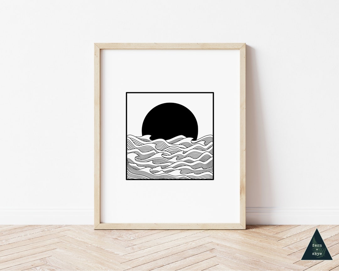 Ocean Sunset Line Art Print Black & White Minimalist Wall Art Coastal ...