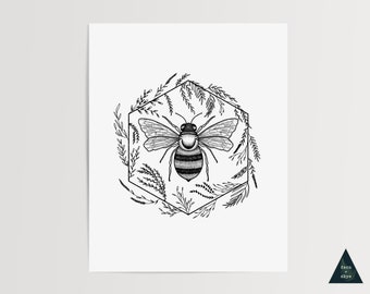 Botanical Bee Art Print | Black & White Ink Drawing, Hexagon Wreath