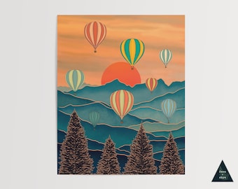 Hot Air Balloon Mountain Art Print | Vintage Travel Poster