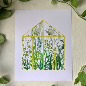 May include: A yellow-framed illustration of a greenhouse filled with various green plants and cacti. The illustration is on a white background.