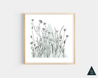 Wildflower Botanical Mini Print | Green Triangle, Floral Line Art