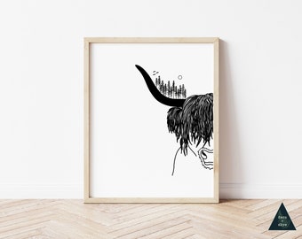 Highland Cow Line Art Print | Forest Horns, Nordic Decor