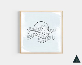 Floral Ocean Sunset Mini Print | Coastal Line Art (4x4 Unframed)