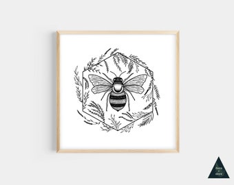Botanical Bee Art Print | Black & White Ink Drawing, Hexagon Nature Print