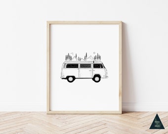 VW Camper Van Mountain Print | Woodland Nature Ink Illustration