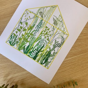 May include: A yellow-framed illustration of a greenhouse filled with various green plants and ferns.
