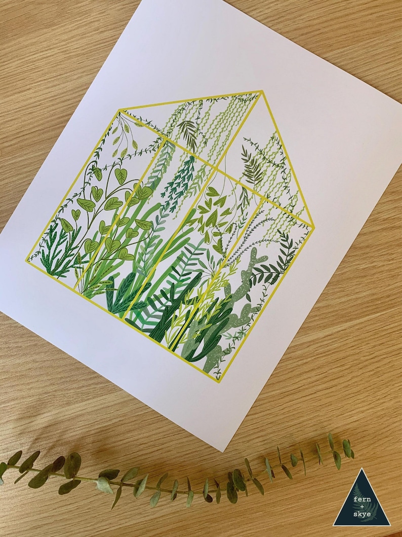 May include: A yellow-framed illustration of a greenhouse filled with various green plants and ferns.