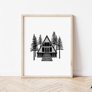 Woodland A-frame Cabin Art Print | Cabin Decor | Tiny Chalet Art | Pine Forest Nature Print | Black & White Nature | Unframed Physical Print