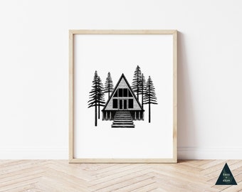 Woodland Cabin Art Print | Black and White Chalet, Pine Forest