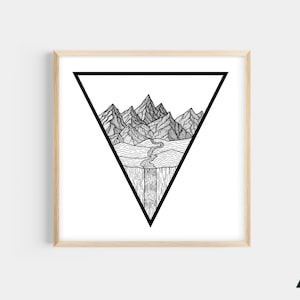 4x4&quot; Mountain Nature Biome Mini Print | Mountain Art | Black & White Mountain Line Art | Small Nature Art | Unframed Physical Print