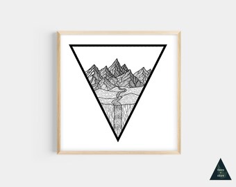 Mountain Nature Biome Mini Print | Black and White Line Art