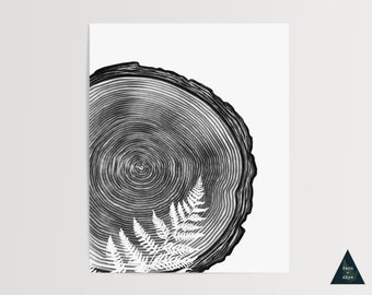 Fern in Wood Slice Art Print | Modern Black & White Botanical Wall Decor