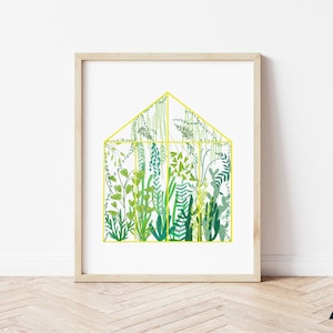 May include: A yellow-framed illustration of a greenhouse filled with various green plants and foliage.