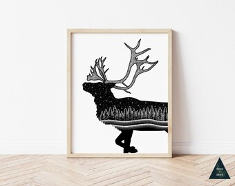 Reindeer Forest Art Print | Nordic Christmas Tree, Starry Night