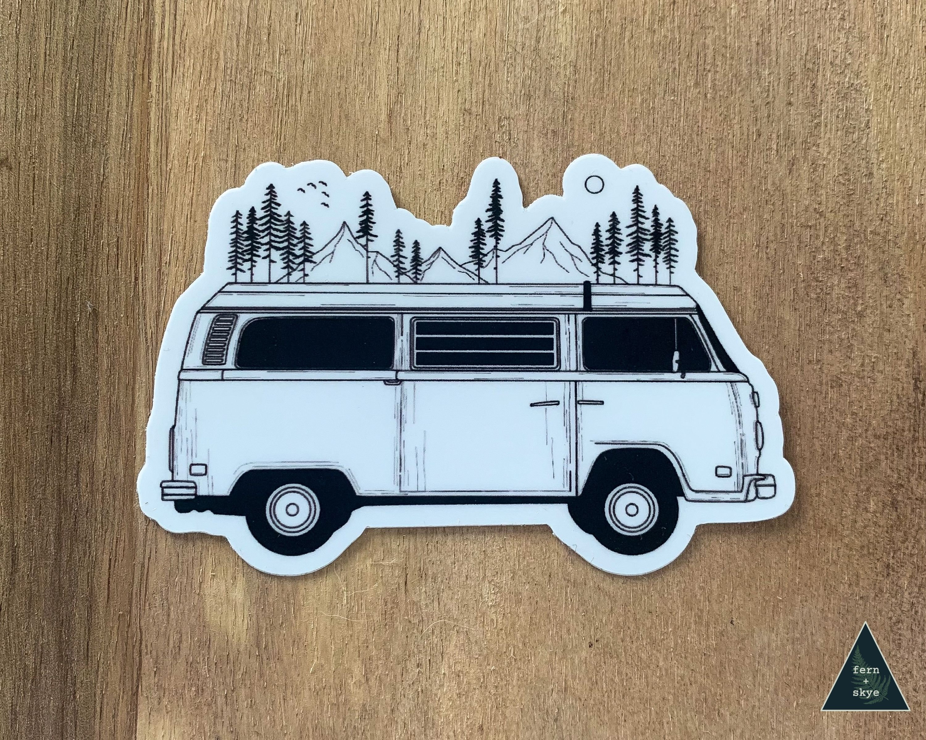 Camper Van Forest Mountain Sticker VW Volkswagen Sticker Mountain Camp  Nature Ink Weather Waterproof Dishwasher Safe Die Cut Sticker 