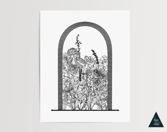 Dome Terrarium Floral Line Art Print | Botanical Black & White