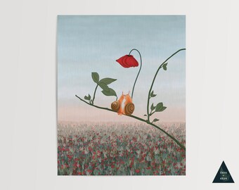 Rainy Day Snail Cuddles Art Print | Cottagecore Poppy Field