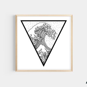 May include: A framed print featuring a black and white illustration of a large ocean wave within a black triangle. The wave is detailed with swirling lines and dots, set against a white background. The frame is a light wood color.