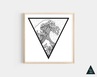 Japanese Wave Art Mini Print | Black and White Ocean Nature Biome (4x4", Unframed)