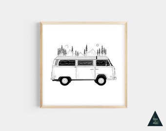 Camper Van Forest Print | VW Mountain Art, Nature Illustration (4x4 Unframed)