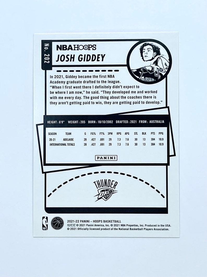 Josh Giddey Rookie Card 2021-22 Panini NBA Hoops 202 OKC | Etsy